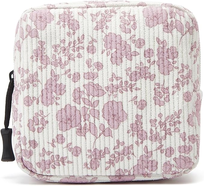 ZOEMTIU Small Makeup Bag for Purse,Mini Cosmetics Bag cute Zipper corduroy Cosmetic Pouch Storage Pouch Travel Toiletry Organizer for Women Girls(Plants Pink)