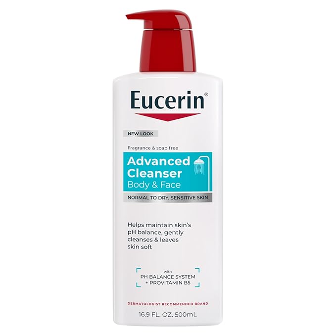 Eucerin Advanced Repair Cleansing Body and Face Cleanser, Gentle Face and Body Wash for Normal to Dry, Sensitive Skin, Soap Free and Unscented, 16.9 FL OZ Bottle