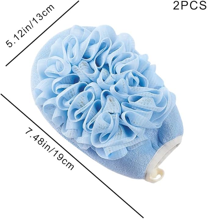 2 Pcs Bath Shower Pouf Sponge 2 in 1 Exfoliating Mesh Pouf Sponge Loofah Bath Glove with Elastic Hand Strap for Women Men Kid Bathroom