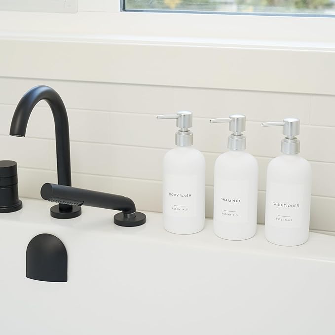 Stylish Shampoo and Conditioner Dispenser Set of 3 - Modern 21oz Shower Soap Bottles with Pump and Labels - Easy to Refill Body Wash Dispensers for an Instant Bathroom Decor Upgrade - White