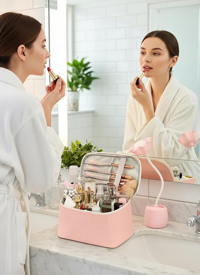 Meiyuuo Travel Makeup Bag for Women, PU Leather Cosmetic Bag, Light Pink