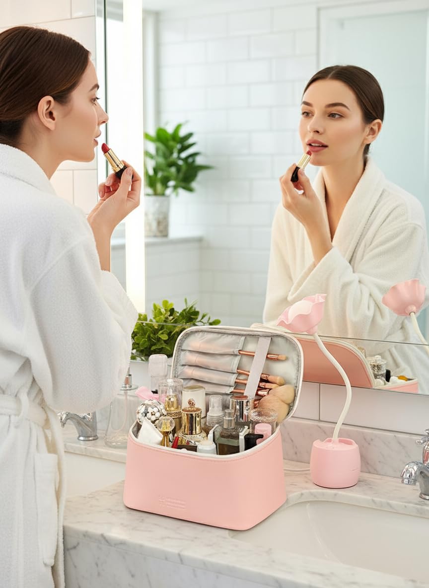 Meiyuuo Travel Makeup Bag for Women, PU Leather Cosmetic Bag, Light Pink