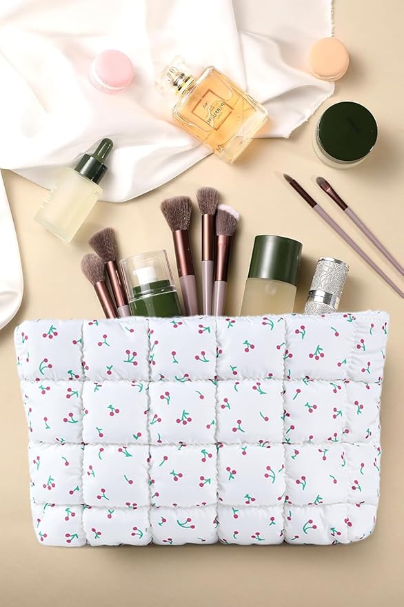 HFLZBRO Puffy Quilted Makeup Bag, Cosmetic Bag, Travel Toiletry Organizer Pouch, Clutch for Women (Cherry)