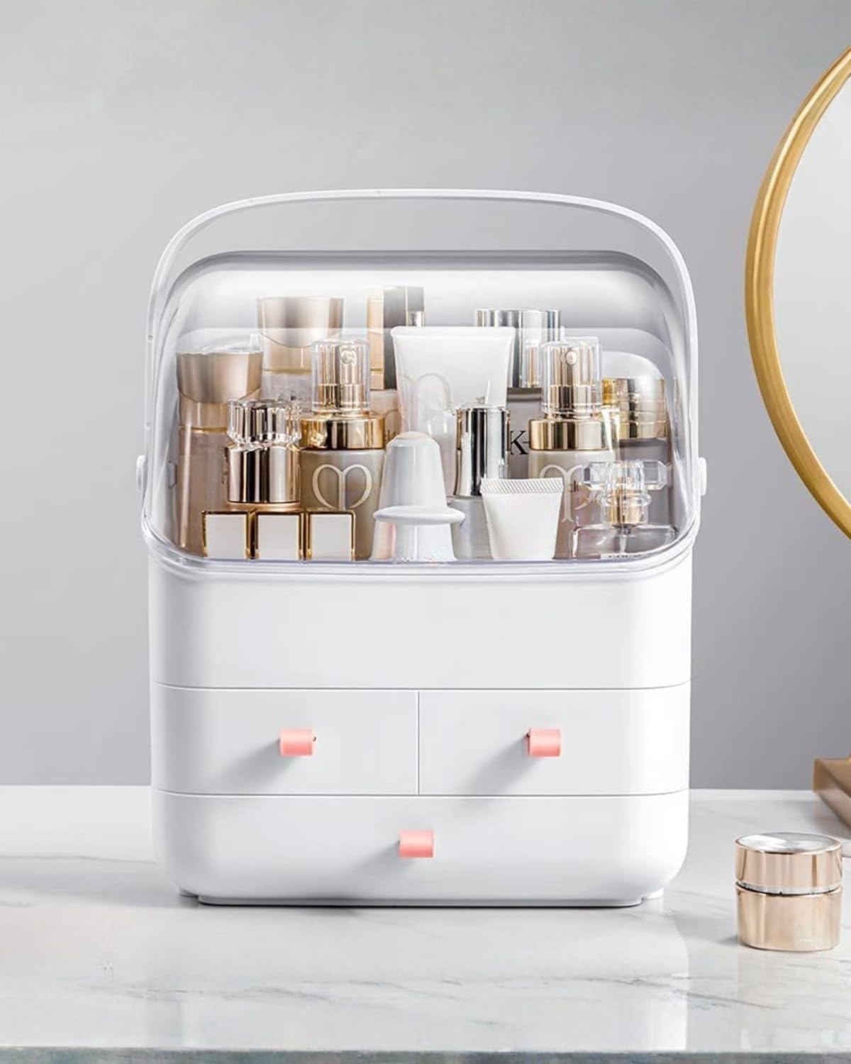 LINFIDITE Cosmetic Storage Box with Lid Makeup Organizer Box with Dust Free Cover Portable Handle,Large Makeup Display Case with Drawers Fully Open Lid,Great for Dresser Bathroom Countertop