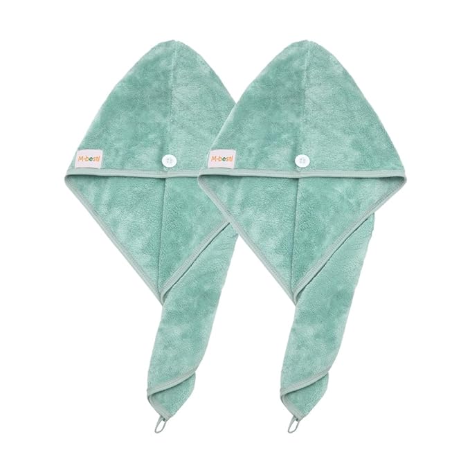M-bestl 2 Pack Microfiber Hair Towel Wrap,Hair Drying Towel with Button, Hair Towel Turban,Head Towel to Dry Hair Quickly (Green&Green)