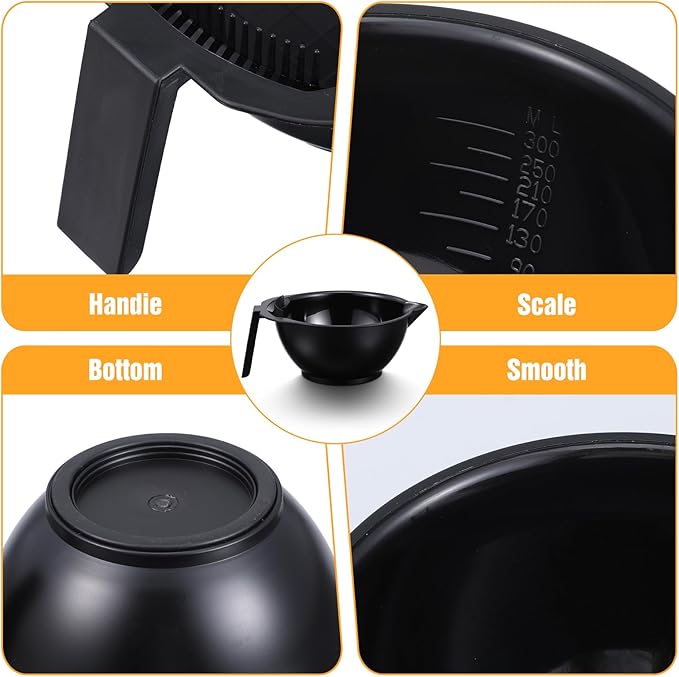 zisiueel Hair Dye Bowl Set - 6 Black Hair Color Mixing Bowls with Measurements, Pour Spout, Handle & Combed Edge - Reusable Salon Hair Coloring Bowls for Professional or Home Use ﻿