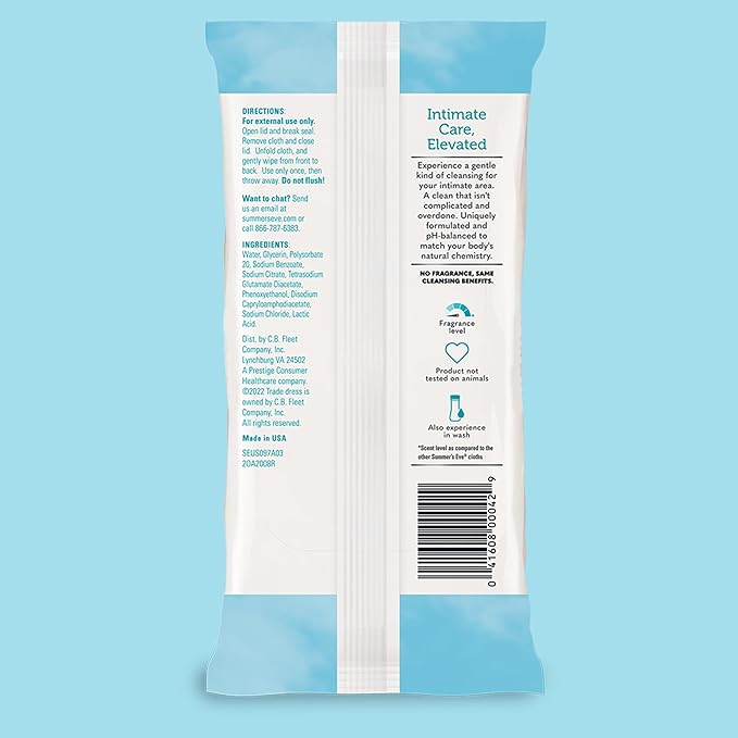 Summer's Eve Fragrance-Free Feminine Wipes, Gentle pH-Balanced Micellar Water Based Formula Helps Control Vaginal Odor, Resealable Pack, 32 Wipes
