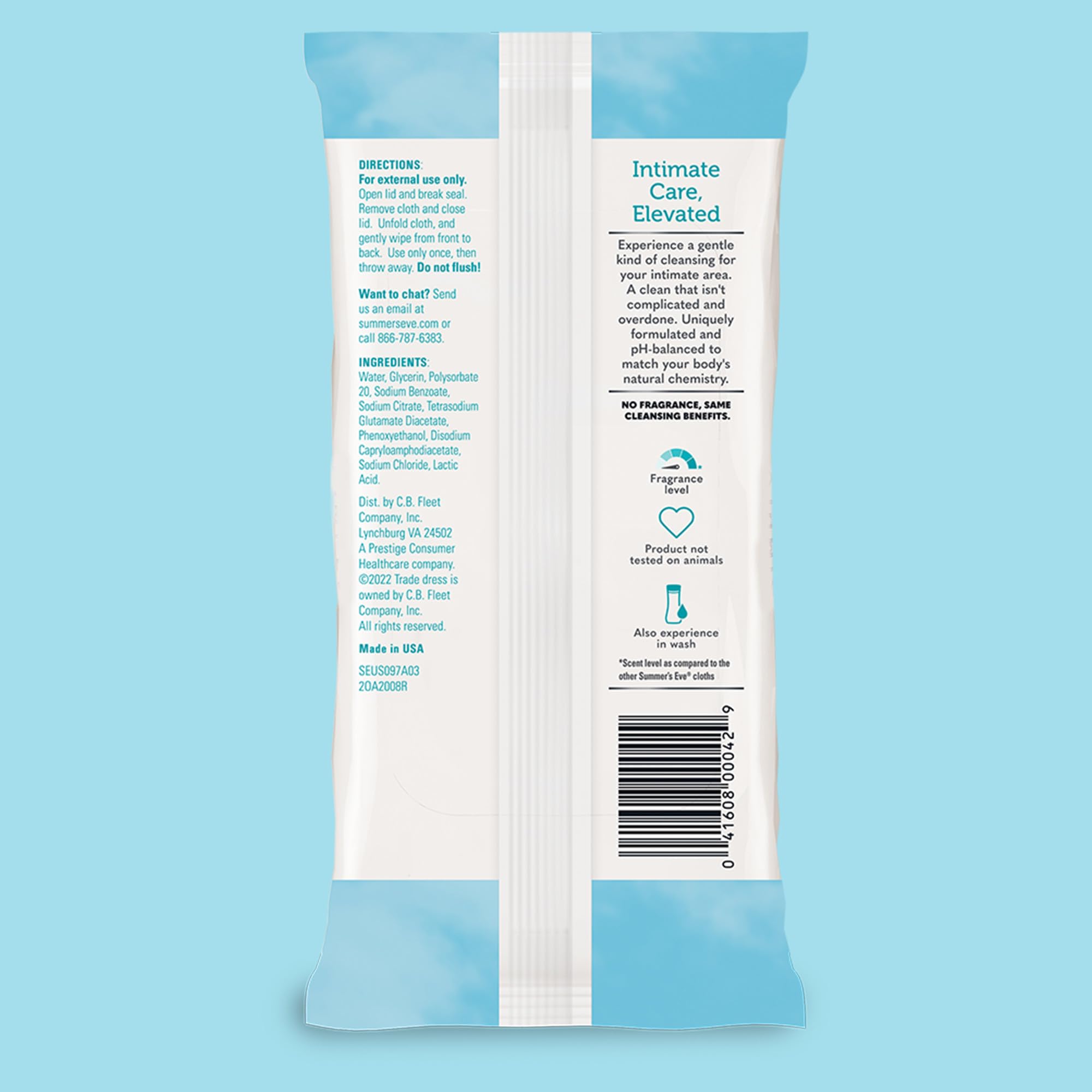 Summer's Eve Fragrance-Free Feminine Wipes, Gentle pH-Balanced Micellar Water Based Formula Helps Control Vaginal Odor, Resealable Pack, 32 Wipes