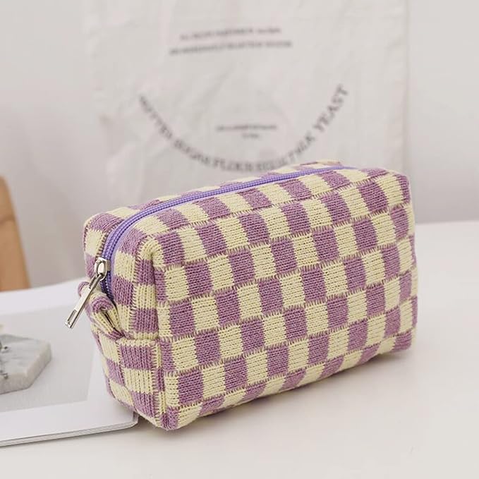 SxoSyo 2 Pcs Checkered Makeup Bags, Make up Brushes Pouches, Purple