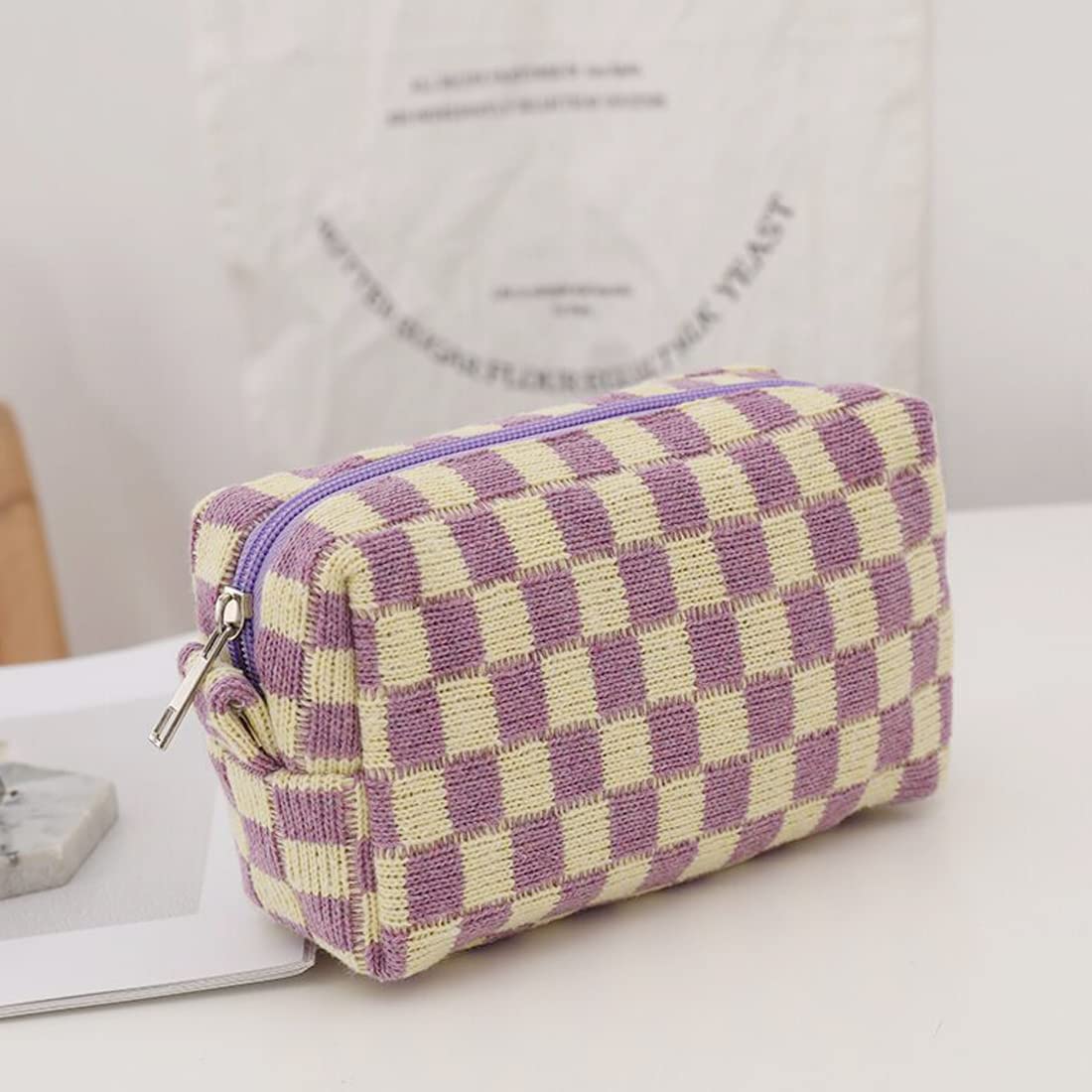 SxoSyo 2 Pcs Checkered Makeup Bags, Make up Brushes Pouches, Purple