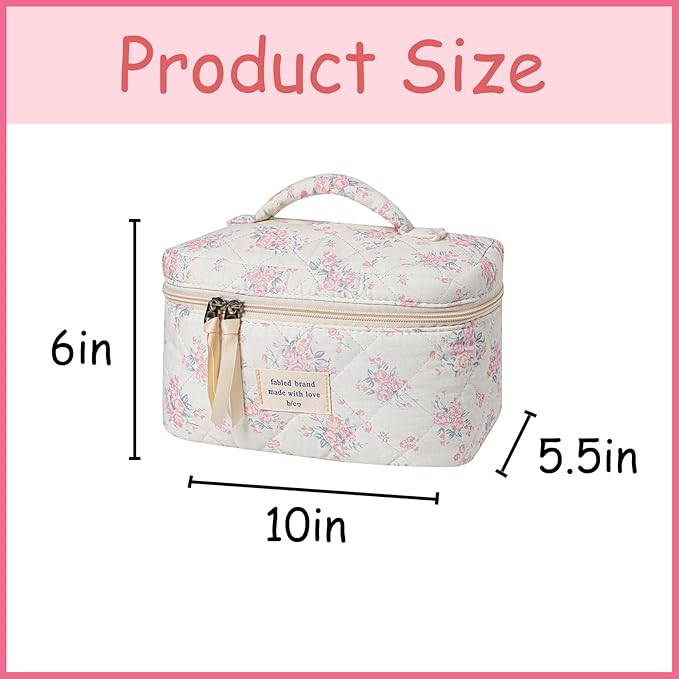 uekeboag Large Travel Quilted Makeup Bag for Women, Floral Cotton Cosmetic Bag, Coquette Aesthetic Floral Toiletry Organizer Bag (07PinkRose)