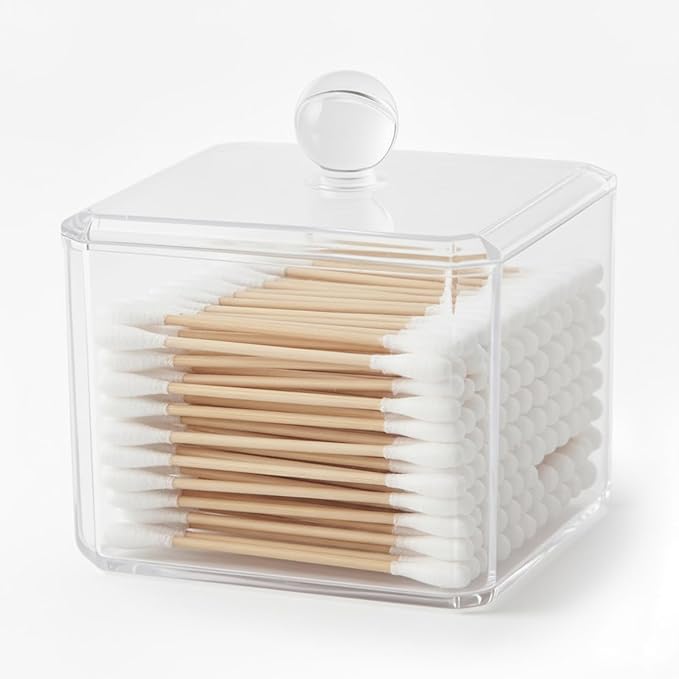 Cotton Swab Holder with Plastic Lid, Clear PS Qtip Container, Single Layer Bathroom Organizer for Cotton Balls & Pads, Vanity Storage, Dorm Room Essentials, Small Space Decor