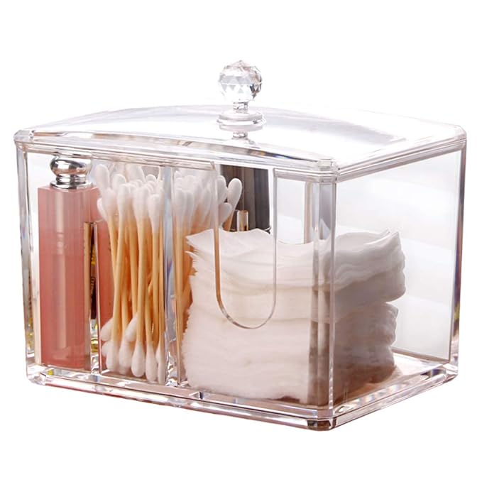 Watpot Qtip Cotton Pad Holder Dispenser Cotton Ball and Swab Storage with Lid Clear Acrylic Cotton Round Organizer, 4 Sections