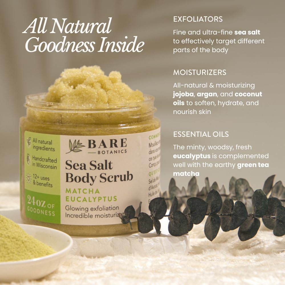 Bare Botanics 24oz Matcha Eucalyptus Sea Salt Body Scrub Natural Exfoliator