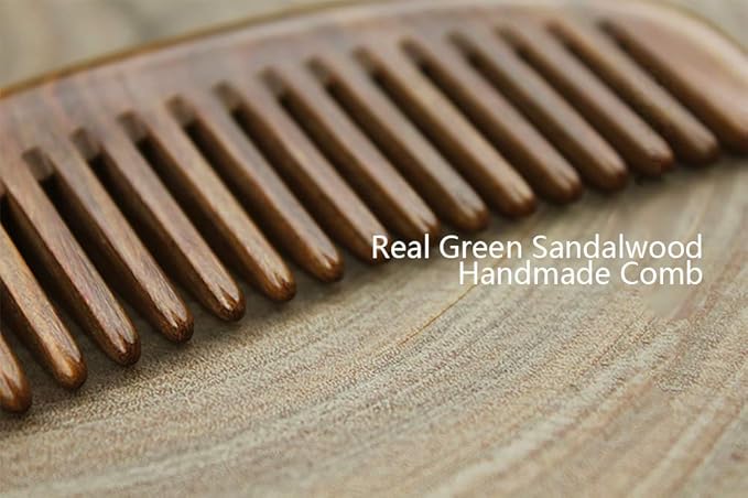 Real Natural Green Sandalwood Wooden Comb/Boutique Hair/Beard Pick Comb - NO SNAGS,NO STATIC,NO TANGLE (Standard tooth)