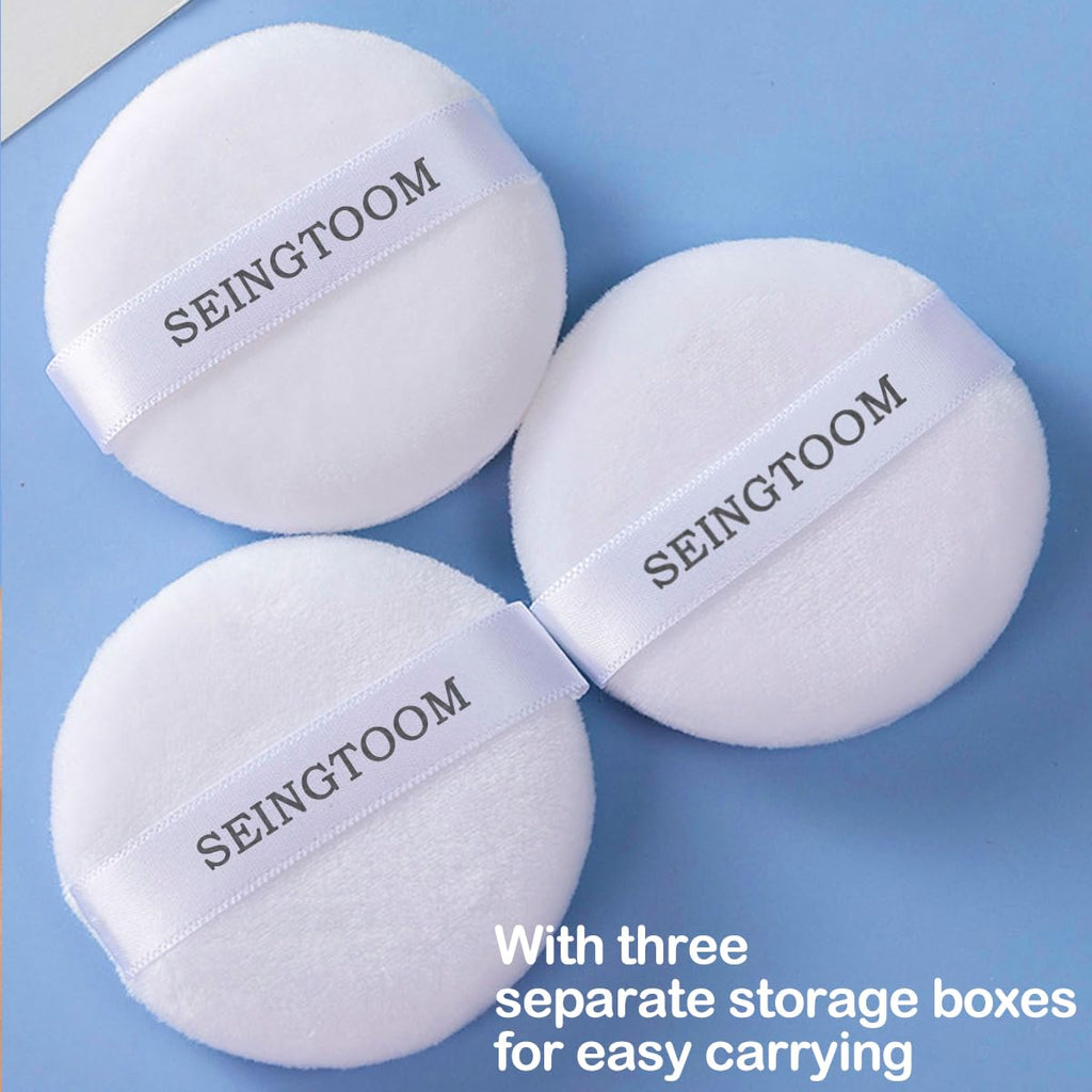 SEINGTOOM 3Pcs Large Powder Puff, 3.93 Inch Body Puff，Loose Soft Velour Body Powder Puff and Container White