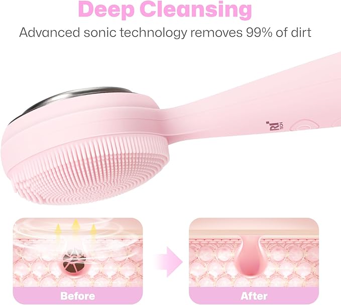 PRITECH Facial Cleansing Brush with Vibrating, Rechargeable Silicone Face Scrubber for Deep Pore Cleaning, Exfoliator & Waterproof Face Brush with Heat End for for Women and Men (Pink)