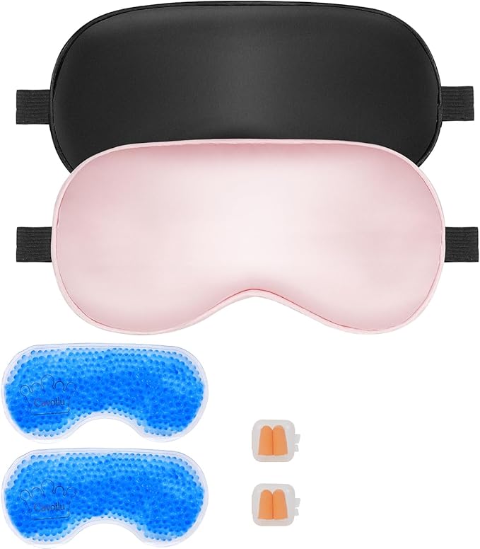 Cavoilu Sleep mask w/Cooling Gel Eye Mask, 2Packs Heated Eye Mask for Sleeping, Reusable Ice Silk Blackout Eye Cover Sleeping Mask for Travel, Home, Office, Yoga, Stocking Stuffers (Black+Pink)