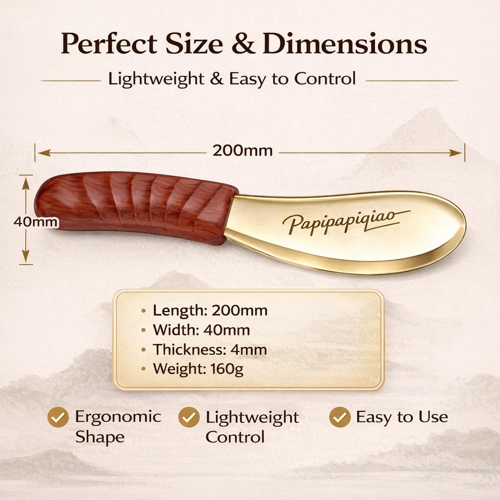 Papipapiqiao Copper Brass Gua Sha Muscle Scraper Tool with Wooden Handle – H62 Brass IASTM Soft Tissue Massage Tool for Fascia Release & Scar Tissue Relief – Deep Tissue Scraping Tool for Back & Body