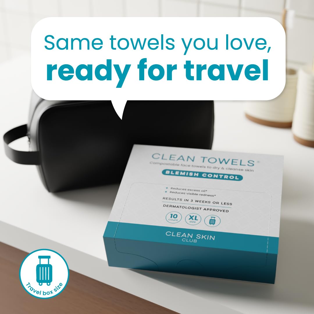 Clean Skin Club Blemish Control Clean Towels® XL, Travel Pack,Face Towels, Light Exfoliation for Oily Skin, Eczema Association Accepted Face Towel, TSA-Approved Travel Essential (10 Count(Pack of 1))
