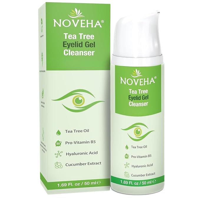 NOVEHA Tea Tree Eyelid Gel Cleanser with Pro-Vitamin B5, Hyaluronic Acid & Cucumber Extract – Gentle Daily Cleansing for Eyelids & Lashes – Plant-Based Formula – 50mL