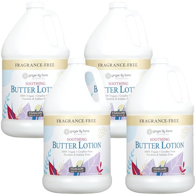 Ginger Lily Farms Botanicals Soothing Butter Lotion for Dry, Sensitive Skin, 100% Vegan & Cruelty-Free, Fragrance Free, 1 Gallon (128 fl oz) Refill (Pack of 4)