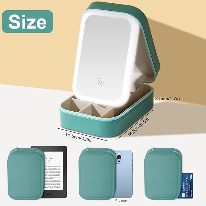 voioe Small Travel LED Makeup Mirror Case with 3 Adjustable Color Light Settings, Dust-Proof Jewelry Box, Mini Cosmetic Train Case Ideal for Short Trips (Green)