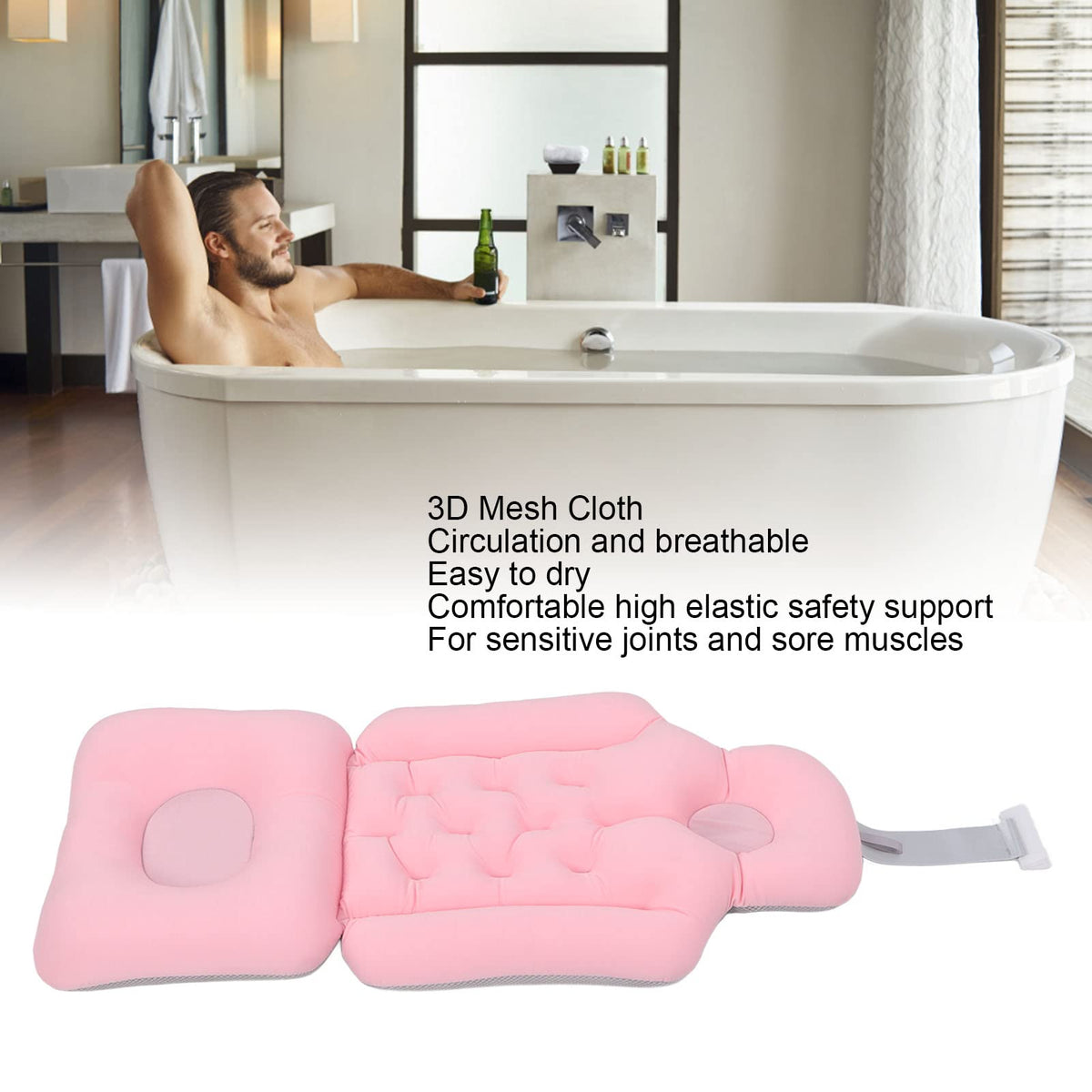 Natudeco Bathtub Cushion Bathtub Pillow Soft Breathable Folding Headrest Back Support Bath Pillow Cushion for Adults Spa(Pink)
