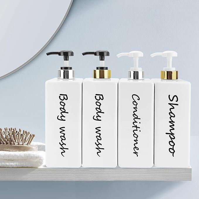 21oz Shampoo and Conditioner Dispenser (Set of 3) Modern Refillable Shampoo Pump Bottles for Shower Soap - Empty Shampoo Conditioner Body Wash Dispenser Set - Stylish Permanent Labels - for Bathroom