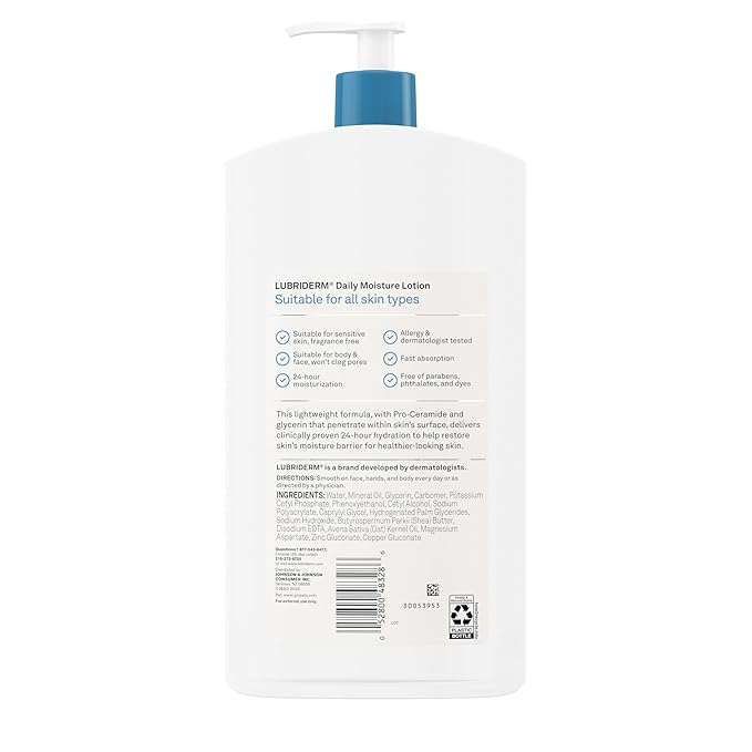 Lubriderm Fragrance Free Daily Moisture Body Lotion + Pro-Ceramide, Unscented Lotion, Body Lotion for Dry Skin, Shea Butter, Glycerin, Non-Greasy 24-Hour Moisturizer, Paraben & Dye Free, 24 Fl Oz