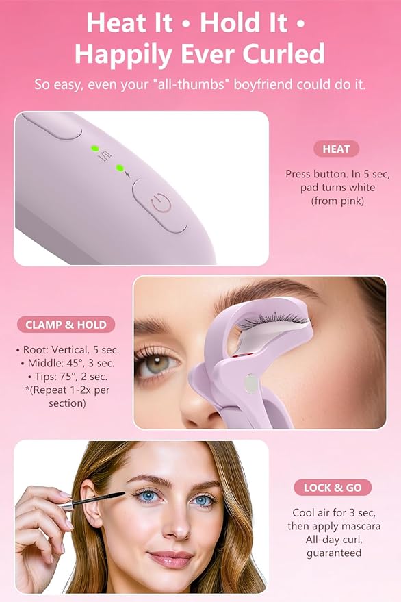 KOKABI Heated Eyelash Curler: Fast 10s Heat up, 24 Hours Long Lasting, Electric Lash Curler with Temperature Control, Safe Anti-Burn Eye Lash Curler, Quick Natural Curling Lashes (Purple)