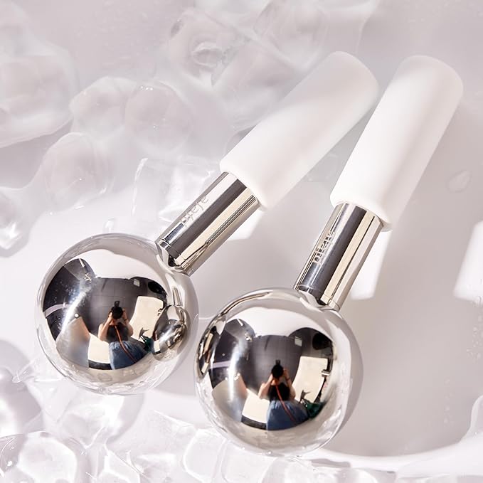 Pfefe 360 Rotating Ice Globes for Face & Eyes, Unbreakable Stainless Steel Cryo Sticks for Beauty Routines, Facials Cold Roller Colling Globes for Puffiness, Wrinkles, Dark Circles, Headaches