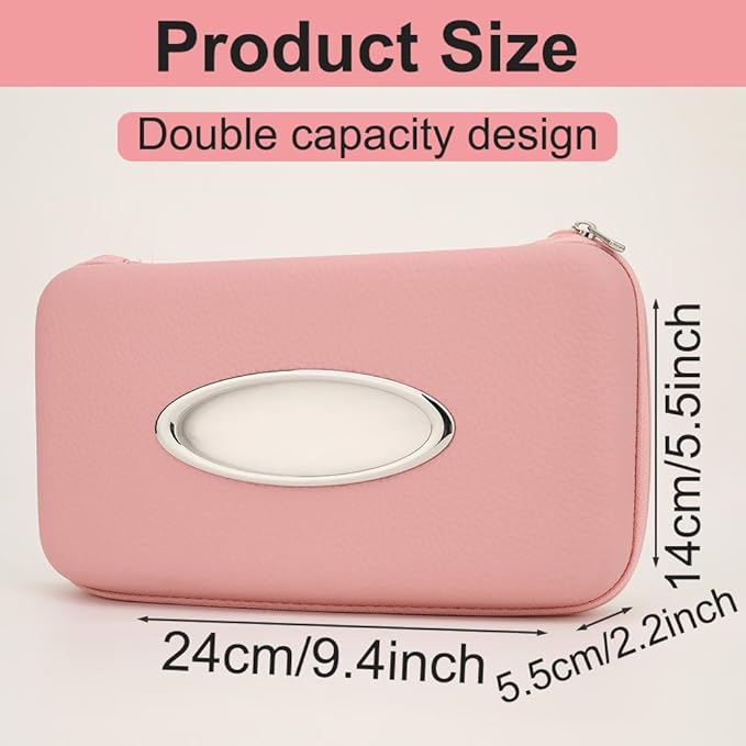 Sun Visor Tissue Holder, Zipper Napkin Holder, PU Leather Backseat Tissue Case for Vehicle (Pink)
