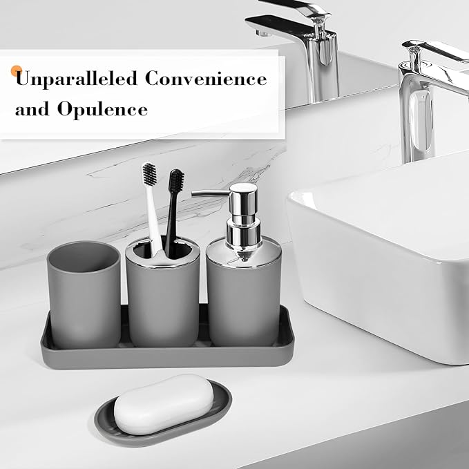 ALPIRIRAL Grey Bathroom Accessories Set, 10Pcs Bathroom Accessory Set with Trash Can, Soap Dispenser and Toothbrush Holder, Soap Dish, Cotton Ball & Qtip Holder, Toilet Brush Holder, Tissue Box Cover