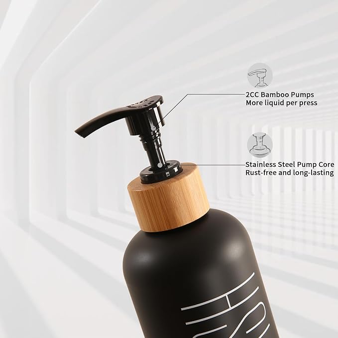 Prus Waso Shampoo and Conditioner Dispenser with Bamboo Pumps & Tray, Perfect for Bathroom Essentials for New Home (Black)