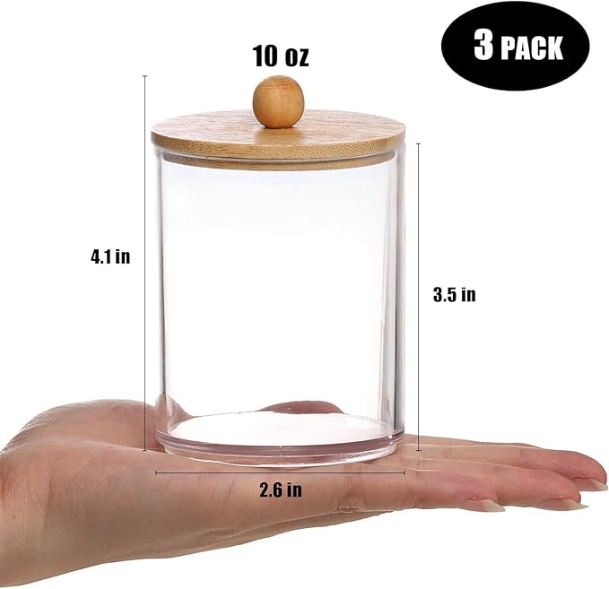 DIYOHFE 3PCS Acrylic Qtip Dispensers Holders With Wood lid, Clear Bathroom Round Countertop Storage Organizer Canister for Cotton Balls,Swabs,Pads,Bath Salts ,Makeup Sponges,Tooth Floss