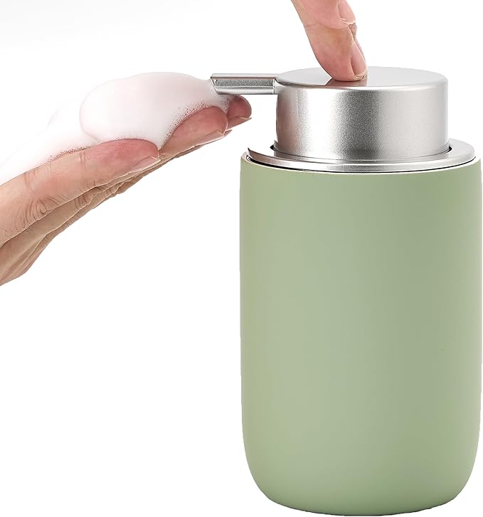 GIRLUFO Foaming Soap Dispenser,12oz Foam Dispenser Ceramic,Foaming Hand Soap Dispenser Bathroom,Green Modern Refillable Soap Bottle for Hand Wash(Rubber Paint)
