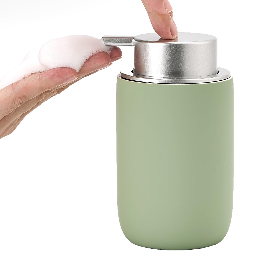 GIRLUFO Foaming Soap Dispenser,12oz Foam Dispenser Ceramic,Foaming Hand Soap Dispenser Bathroom,Green Modern Refillable Soap Bottle for Hand Wash(Rubber Paint)