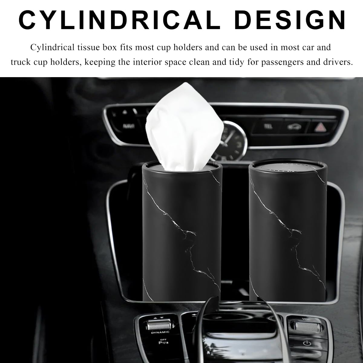 FSTURIOS 4PCS Car Tissue Holder, Car Cup Holder Convenient Travel Tissue Tube Box with Facial Tissues, Portable Round Tissues Holder Paper Towel Cylinder for Car Home Office (Marble Black)