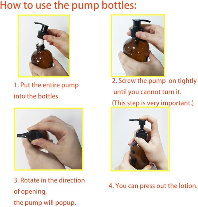 BPFY 4 Pack 8 oz Amber Glass Pump Bottles, Boston Round Bottles with Pumps for Lotion, Soap, Massage Oils, Refillable Containers with Caps