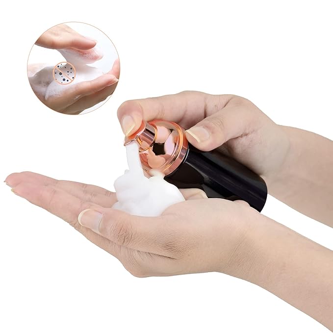 Owlyee Travel Foam Pump Bottle - 2oz Small Size Foaming Hand Soap Dispenser - Mini Portable Mousse Lash Shampoo Kit Container for Hair - Empty Leak Proof Plastic Rose Gold &Black Foamer 3Pack