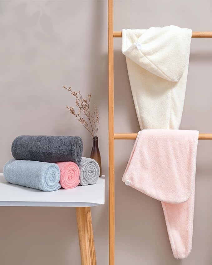 Luxury Microfiber Hair Towel Gift Set 6 Pack - Spa Quality Anti-Frizz Turbans with Button Closure, Quick Dry for Long/Curly Hair, Premium Bath Accessories for Women