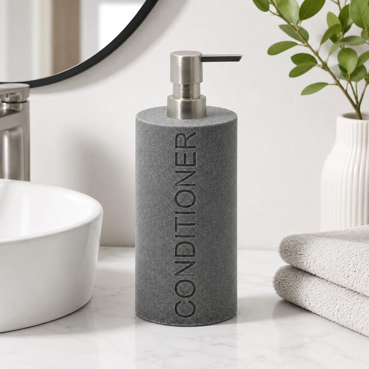 Indecor Home Resin Neutral Gray Sandstone Conditioner Engraved Bottle Refillable Pump Dispenser, Durable Waterproof Resin Construction for Bath, Shower - Gray Sandstone Satin Nickel Pump