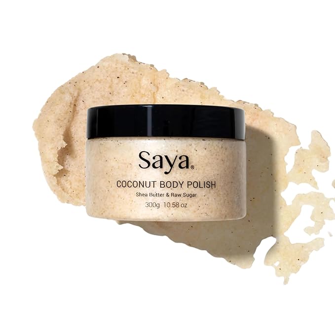 Saya Coconut Body Polish Exfoliating Body Scrub For Silky Smooth Skin with Raw Sugar, Coconut, Sea Salt | Exfoliates Remove Dead Skin Cells For Smoother Skin Deep Hydration Anti Aging Body Cream 300gr