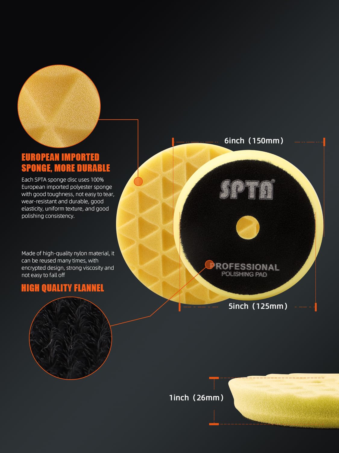 Buffing Polishing Pads, SPTA 3 Inch 80mm Body Repair Polishing Pad Set Made for 3 Inch Backing Plate, 6 Pcs Buffing Pads with Sponge, Wool and Micro-Fiber Pad Set (5 Inch (125mm) Sets)