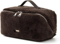 EACHY Travel Makeup Bag,Cute Faux Fur Cosmetic Bag for Women,Portable 180°Wide-Open Flat Make Up Bag,Large Capacity Makeup Pouch Make Up Organizer with Divider and Handle