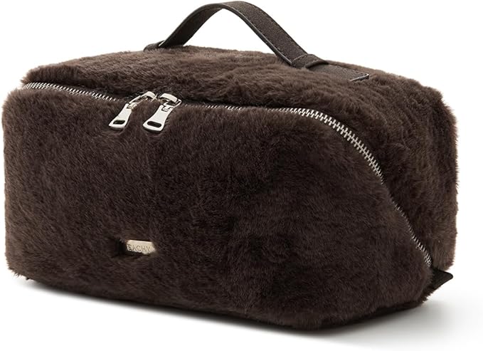 EACHY Travel Makeup Bag,Cute Faux Fur Cosmetic Bag for Women,Portable 180°Wide-Open Flat Make Up Bag,Large Capacity Makeup Pouch Make Up Organizer with Divider and Handle