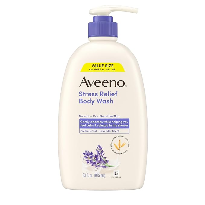 Aveeno Stress Relief Body Wash, Lavender Scent with Nourishing Prebiotic Oat, Sensitive Skin Body Wash for Normal to Dry Skin, Paraben-, Dye-, and Soap-Free, Value Size 33 Fl Oz