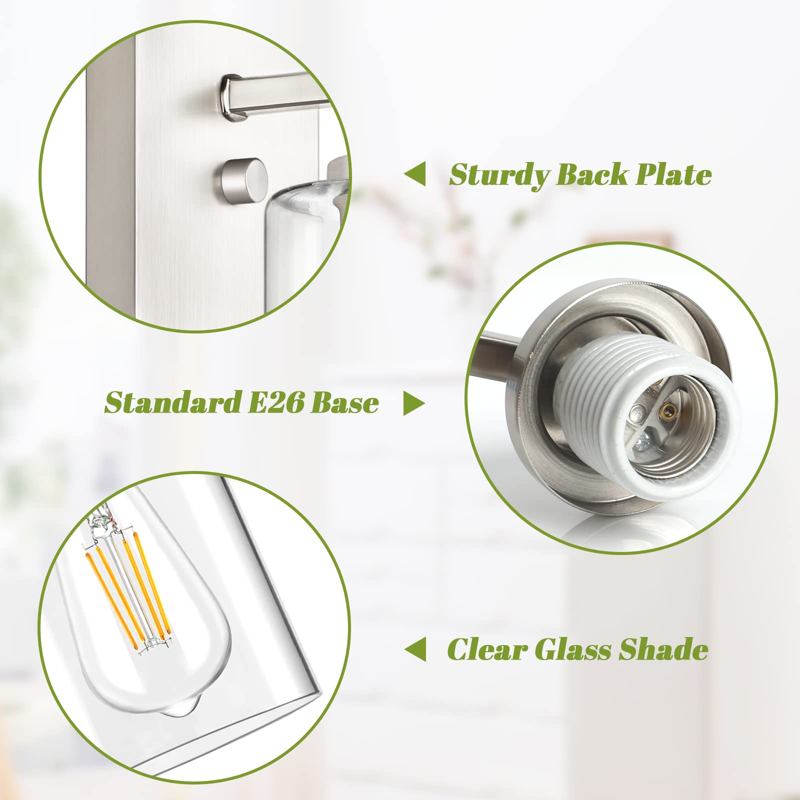 Set of 2 Wall Sconces for Bathroom, Brushed Nickel Vanity Light Fixtures