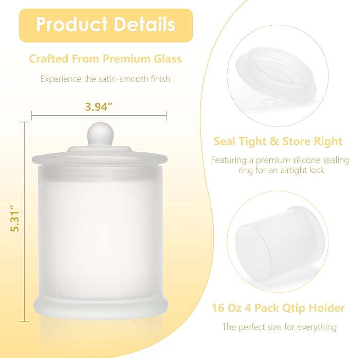 4 Pack Bathroom Organizers and Storage - 16 Oz Glass Qtip Holder & Cotton Pad Dispenser with Lid, Apothecary Jars for Home, Room Decor, Kitchen Organizer (Frosted White)